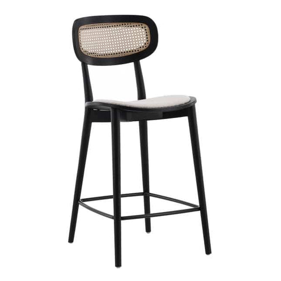 Black bar stool with woven backrest and cushioned seat on a white background