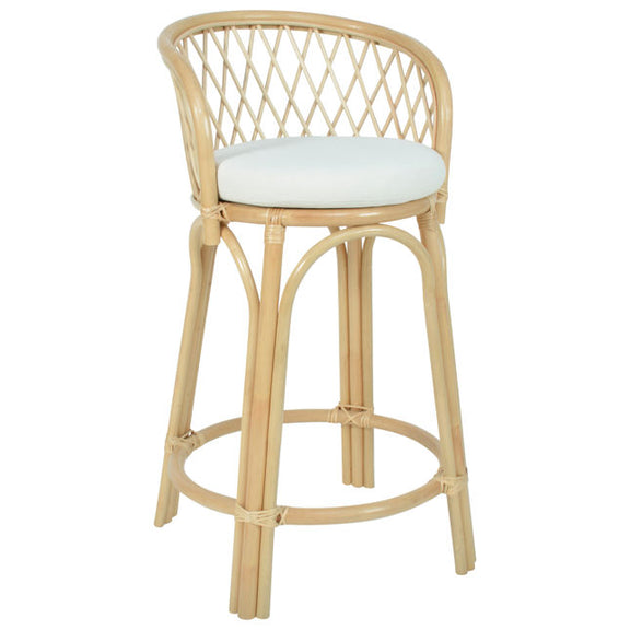 Rattan bar stool with a white cushion on a white background