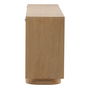 Wooden side table with beige top on a white background