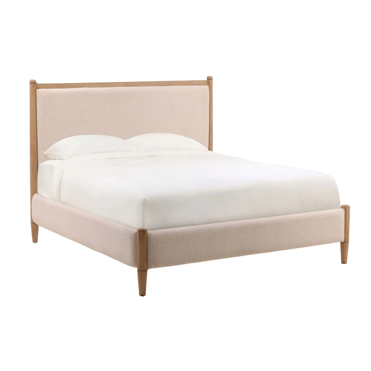 Beige upholstered bed with wooden frame on a white background