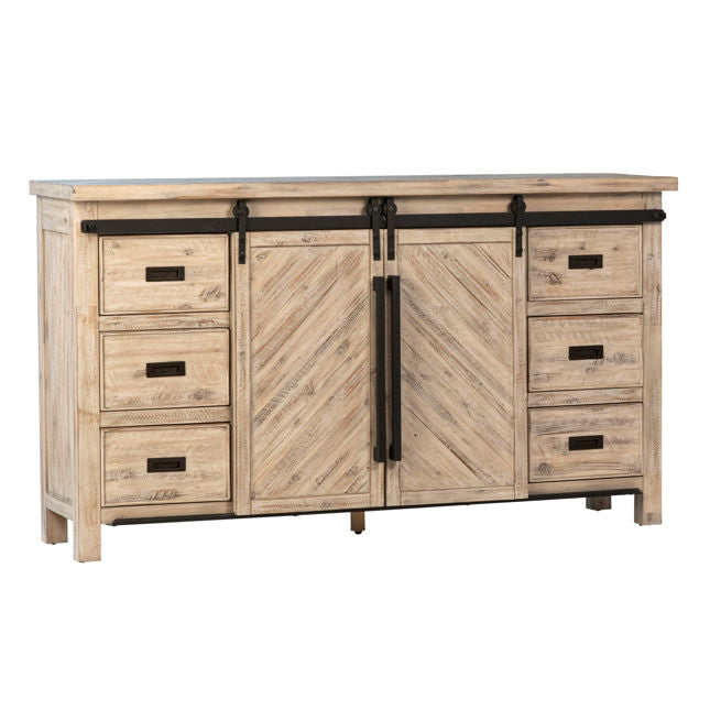 Wooden dresser with sliding doors and drawers on a white background