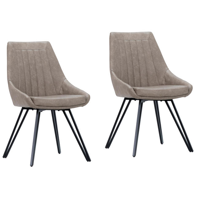 Two beige upholstered chairs with black metal legs on a white background