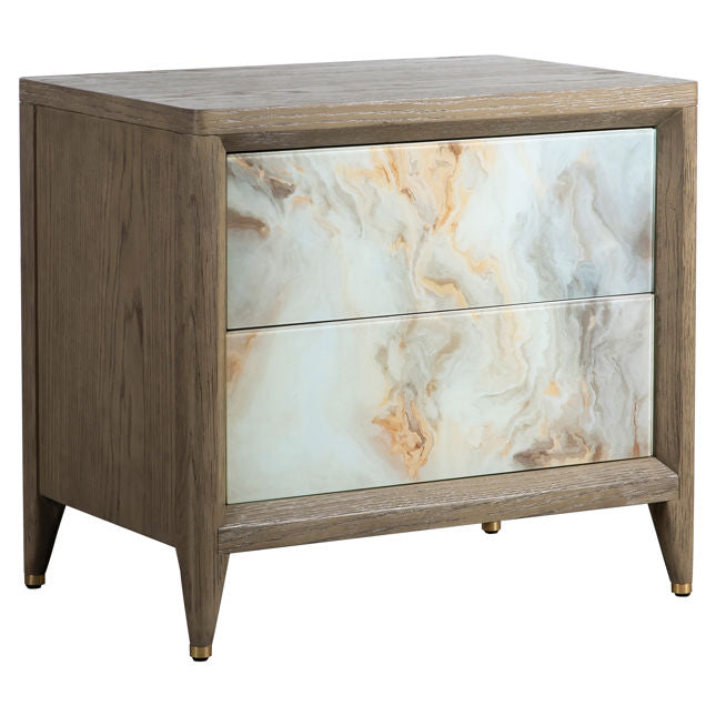 Wooden nightstand with marble-patterned drawer on a white background