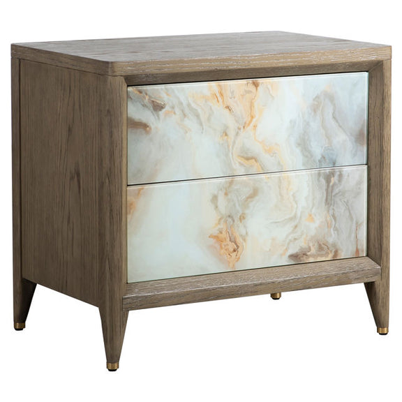 Wooden nightstand with marble-patterned drawer on a white background
