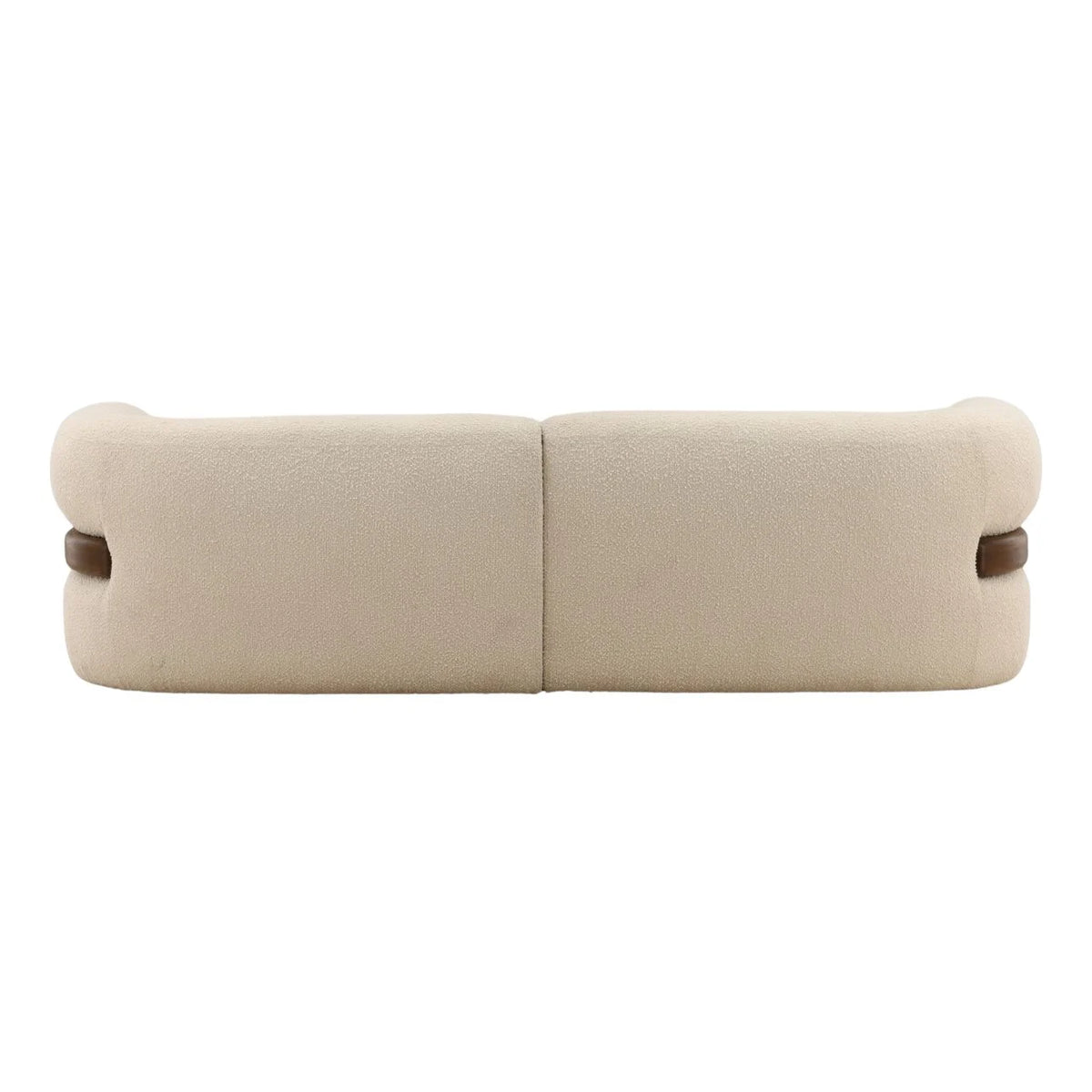 Beige fabric bench with wooden legs on a white background
