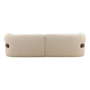 Beige fabric bench with wooden legs on a white background