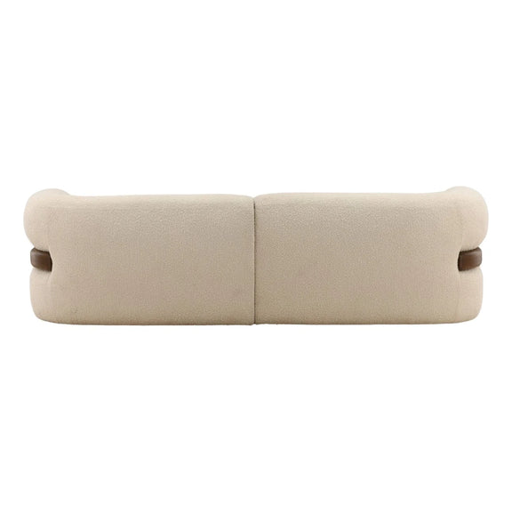 Beige fabric bench with wooden legs on a white background
