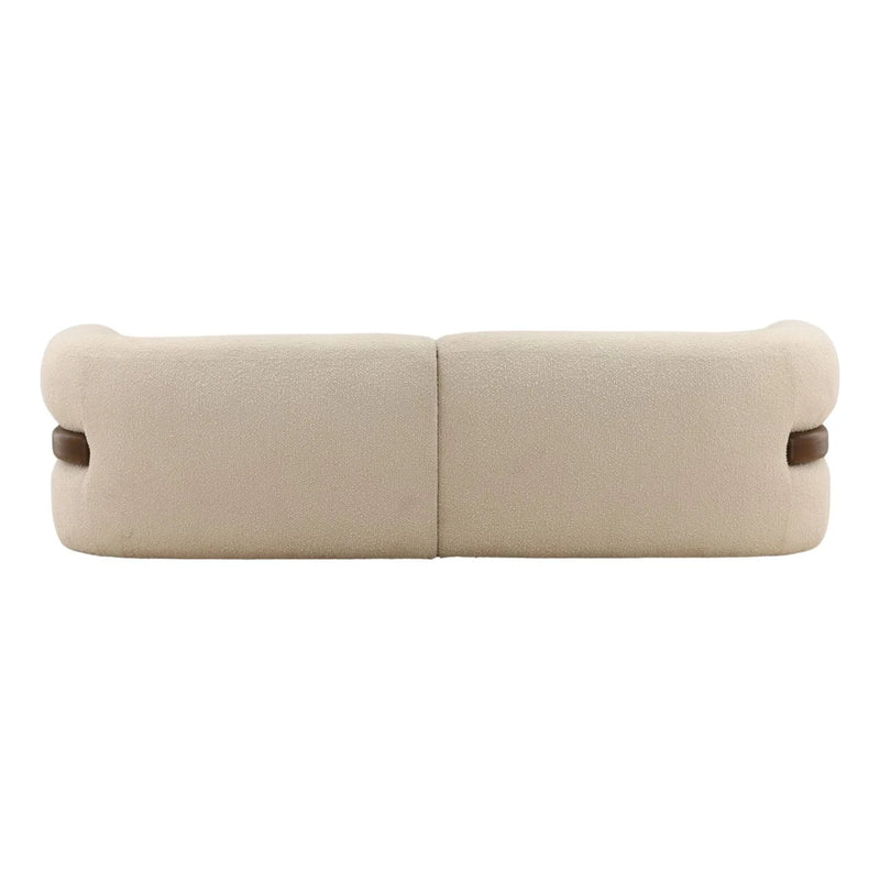 Beige fabric bench with wooden legs on a white background