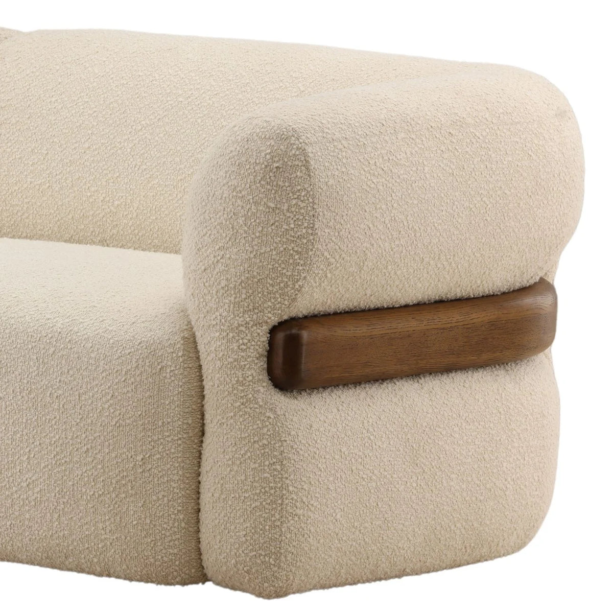 Beige textured armchair with a wooden armrest on a white background