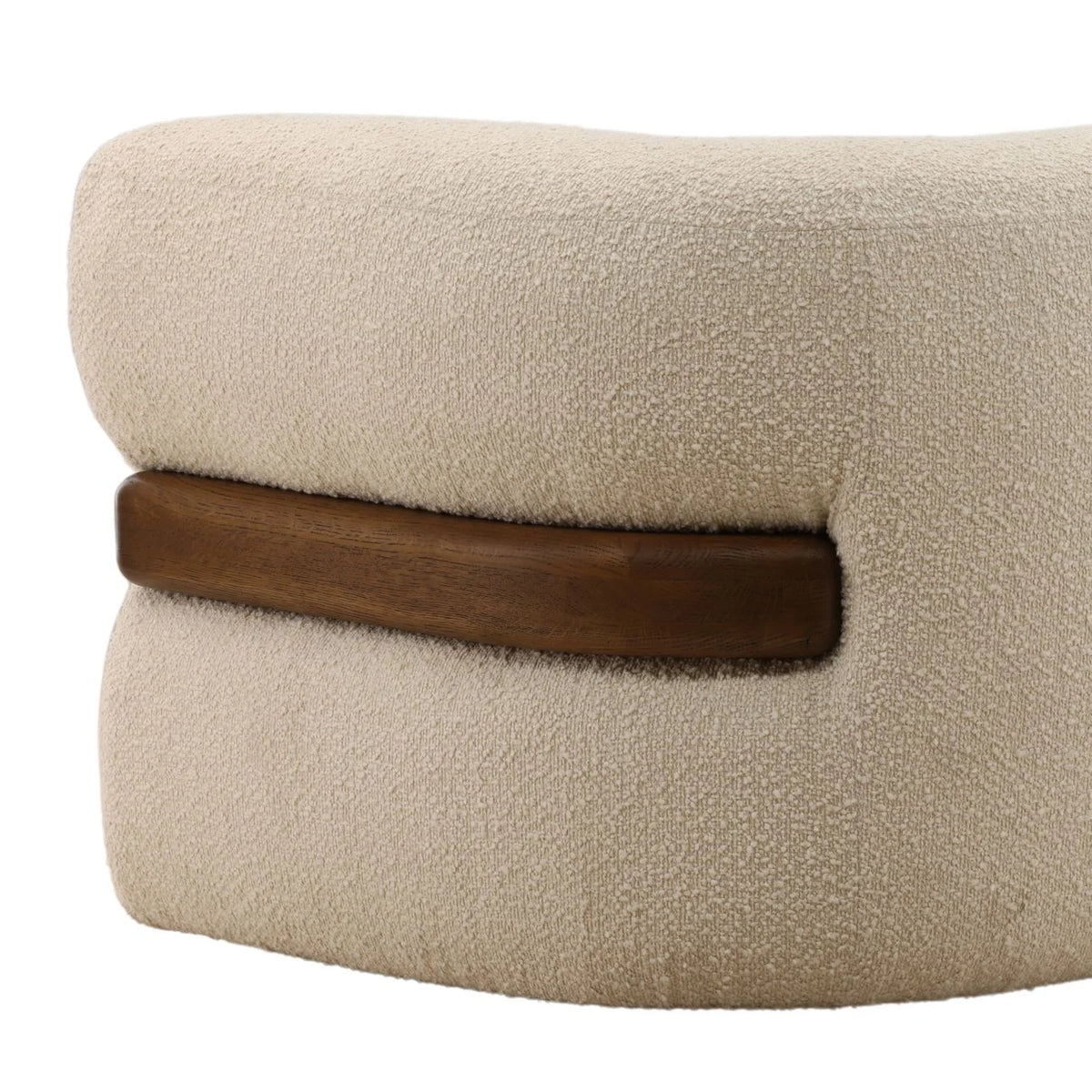 Beige textured ottoman with a wooden band on a white background