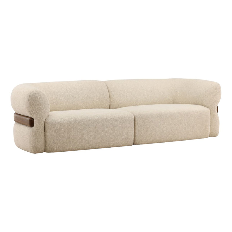 Beige sofa with wooden armrests on a white background