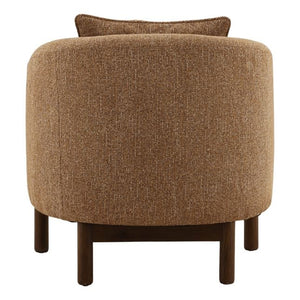 Brown upholstered chair with wooden legs on a white background