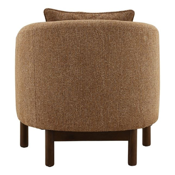 Brown upholstered chair with wooden legs on a white background