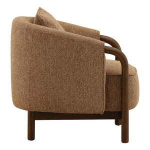 Brown upholstered armchair with wooden frame on a white background