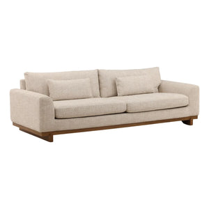 Beige sofa with wooden legs on a white background
