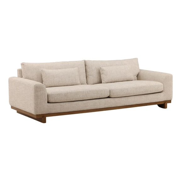Beige sofa with wooden legs on a white background