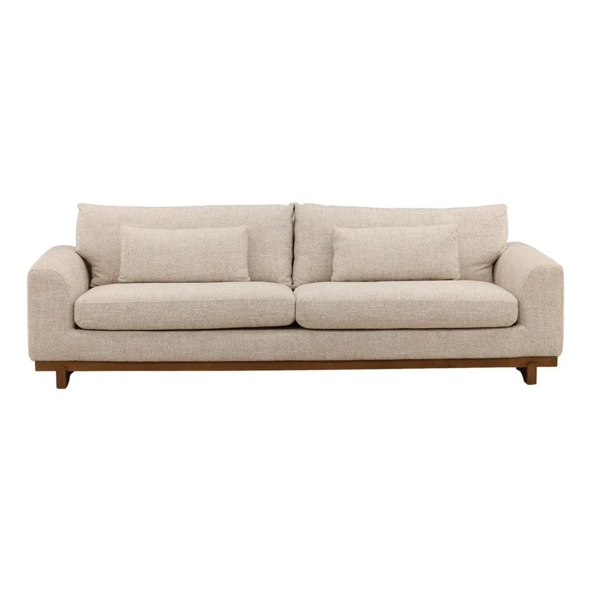 Beige sofa with wooden legs on a white background