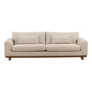 Beige sofa with wooden legs on a white background