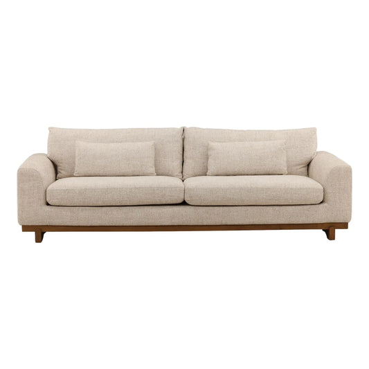 Beige sofa with wooden legs on a white background