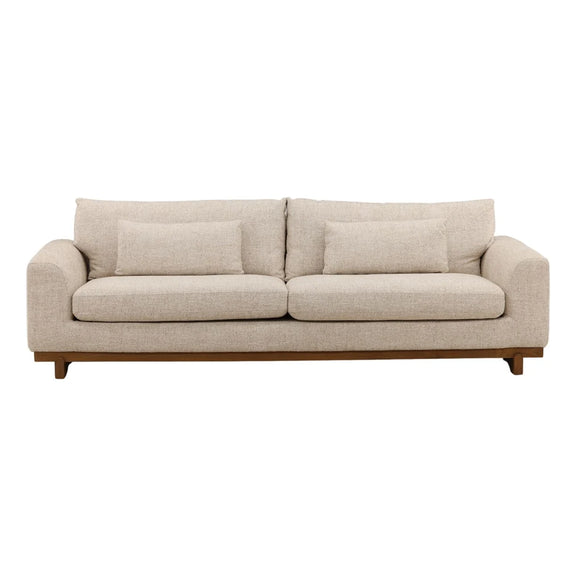 Beige sofa with wooden legs on a white background
