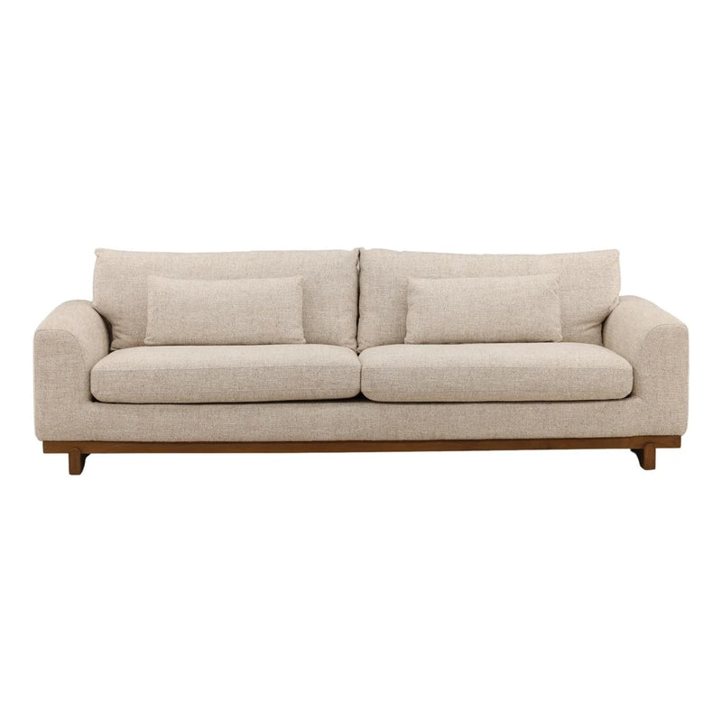 Beige sofa with wooden legs on a white background