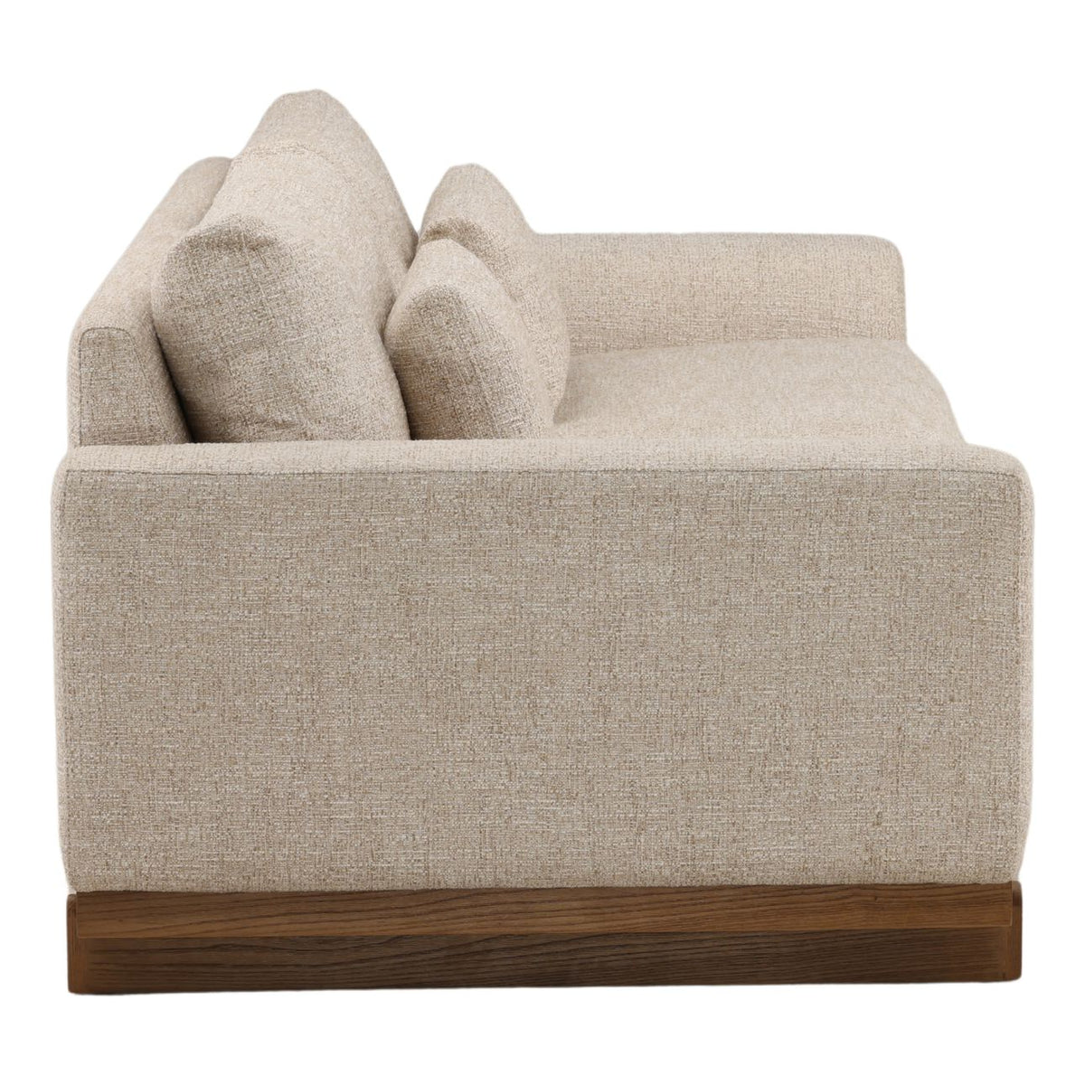 Beige sofa with wooden base on a white background