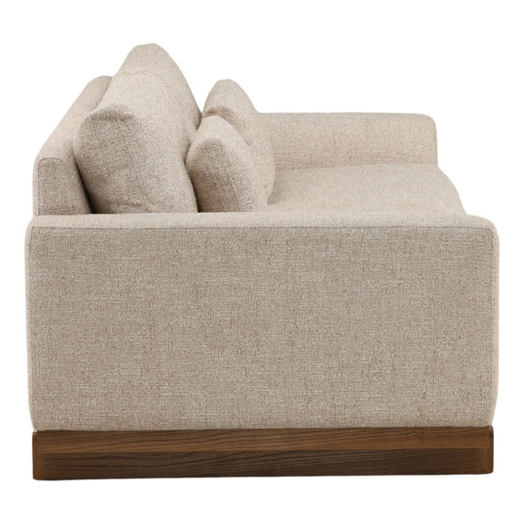 Beige sofa with wooden base on a white background