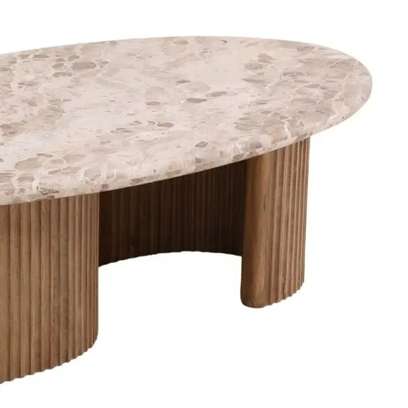 Marble-top coffee table with wooden base on a white background