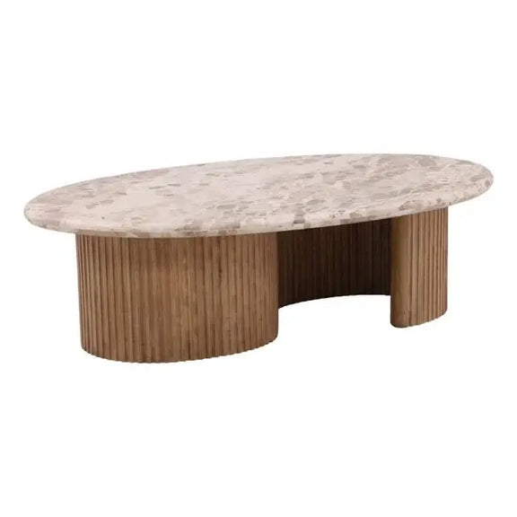 Marble-top coffee table with wooden base on a white background