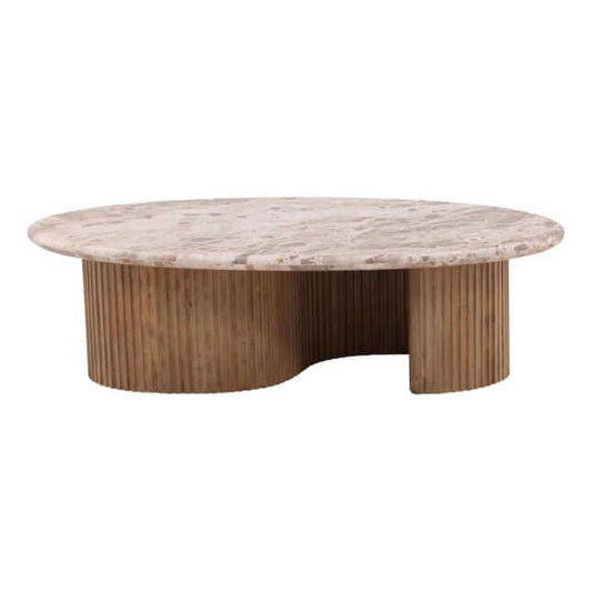 Round marble coffee table with wooden base on a white background