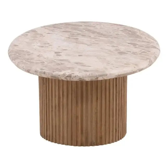 Round marble-top table with ribbed wooden base on a white background