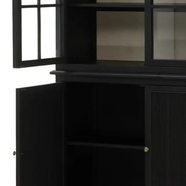 Black cabinet with open doors on a white background