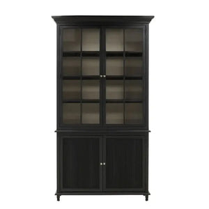Black cabinet with glass and door panels on a white background