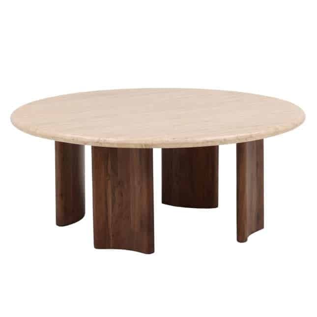 Round wooden table with a light-colored top and dark brown legs on a white background