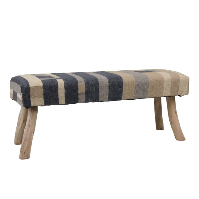 Striped bench with wooden legs on a white background
