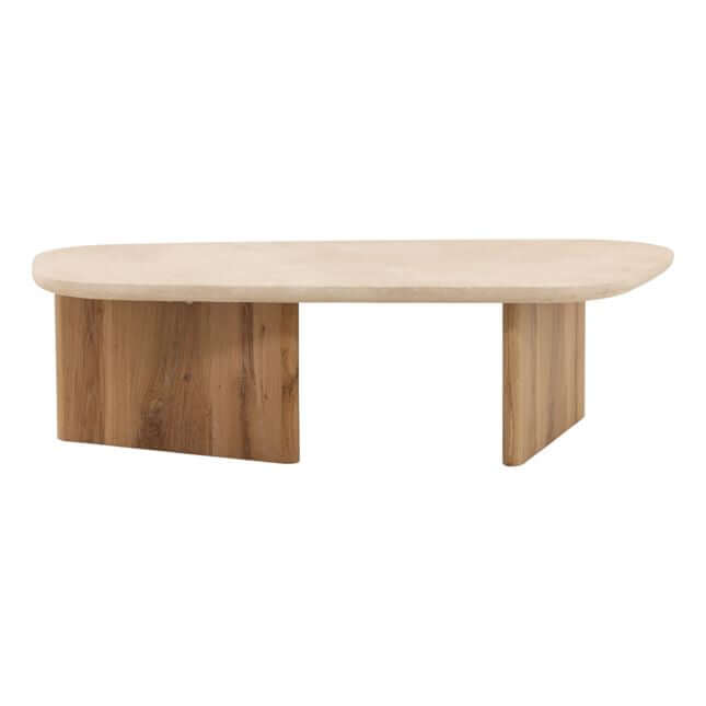 Wooden coffee table with a light-colored top on a white background