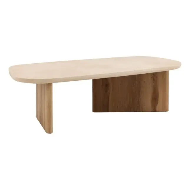 Wooden coffee table with a light-colored top and dark brown base on a white background
