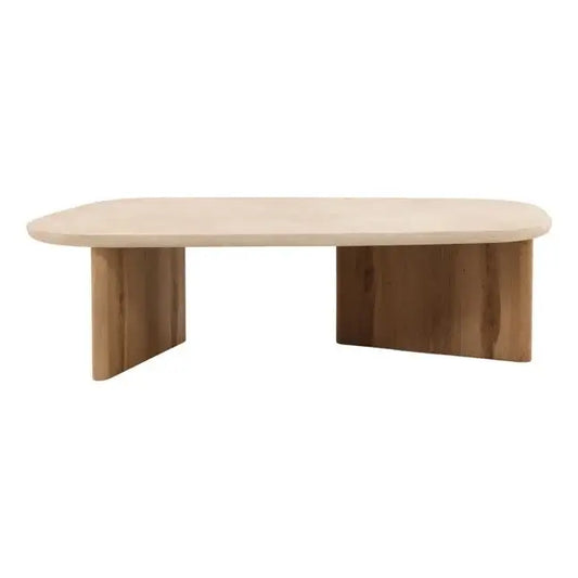 Wooden coffee table with a beige top on a white background