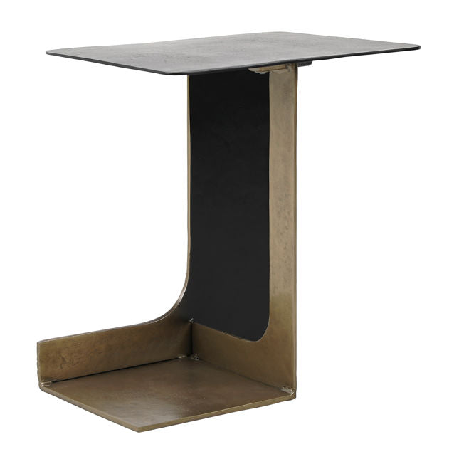 Modern side table with a metallic finish on a white background