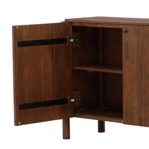 Wooden corner cabinet with open door on a white background