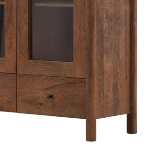 Wooden cabinet with glass panel and drawer on a white background