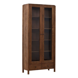 Wooden display cabinet with glass doors on a white background