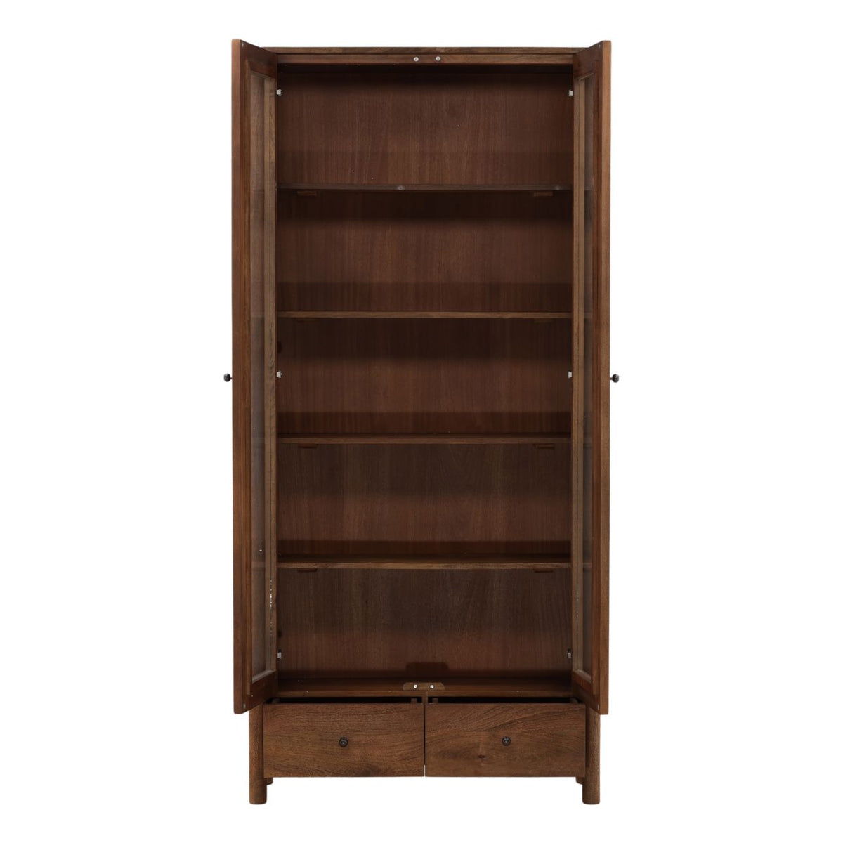 Wooden bookshelf with open doors on a white background