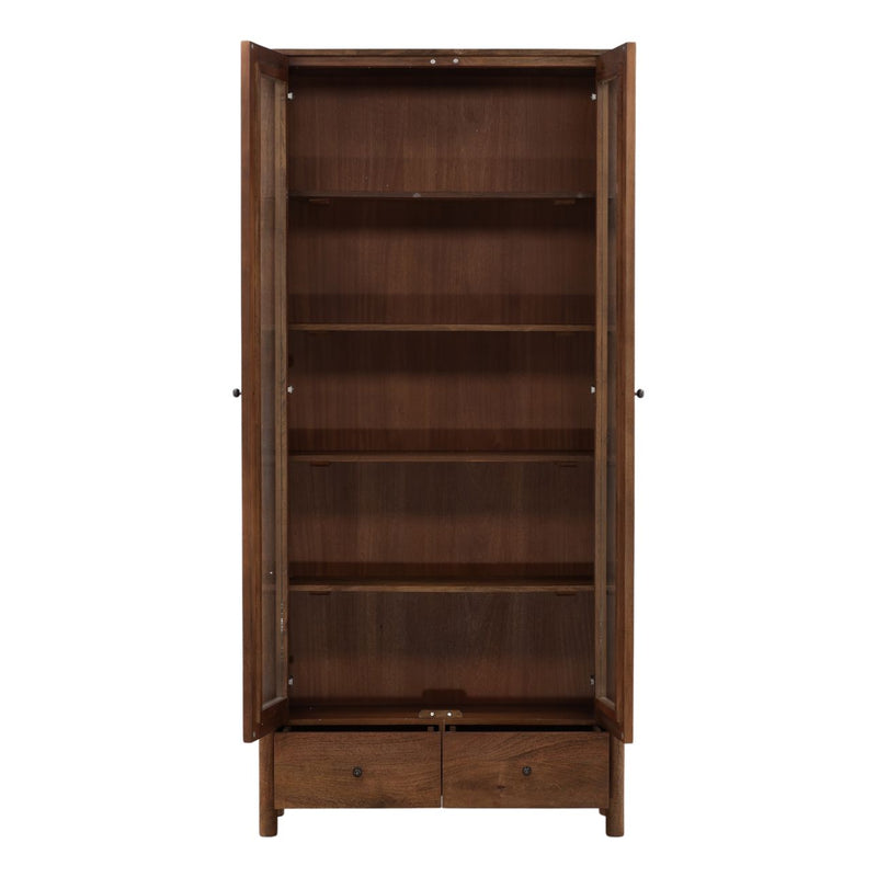 Wooden bookshelf with open doors on a white background