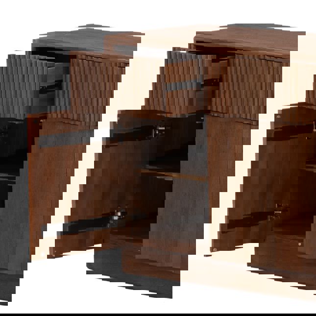 Wooden cabinet with open doors on a white background