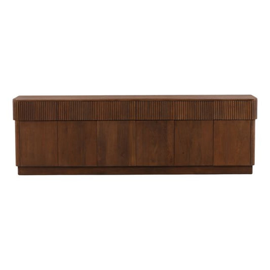 Wooden sideboard with a striped pattern on a white background