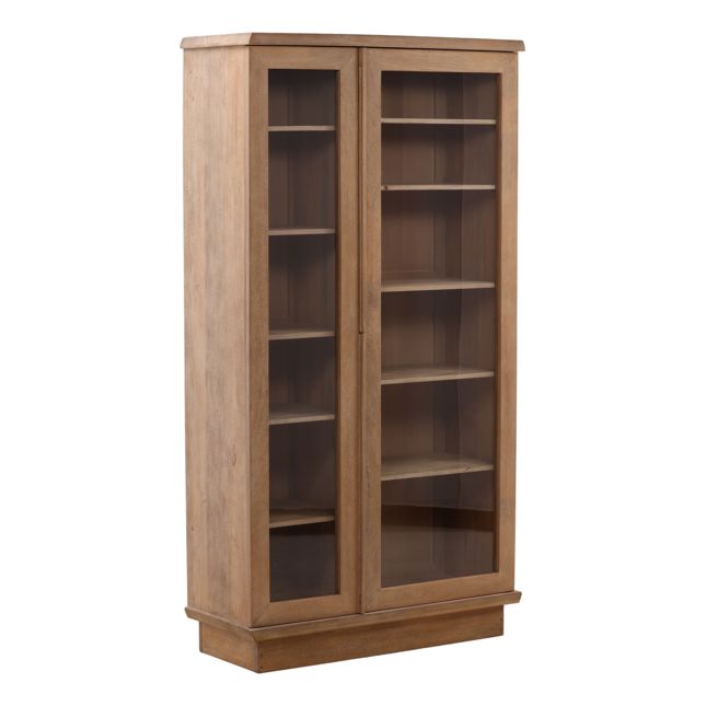 Wooden bookshelf with glass doors on a white background