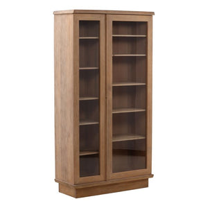Wooden bookshelf with glass doors on a white background