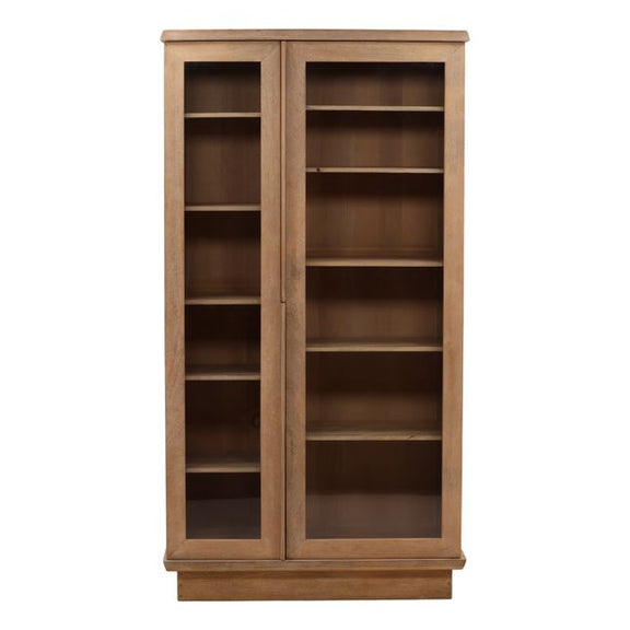 Wooden bookshelf with glass doors on a white background