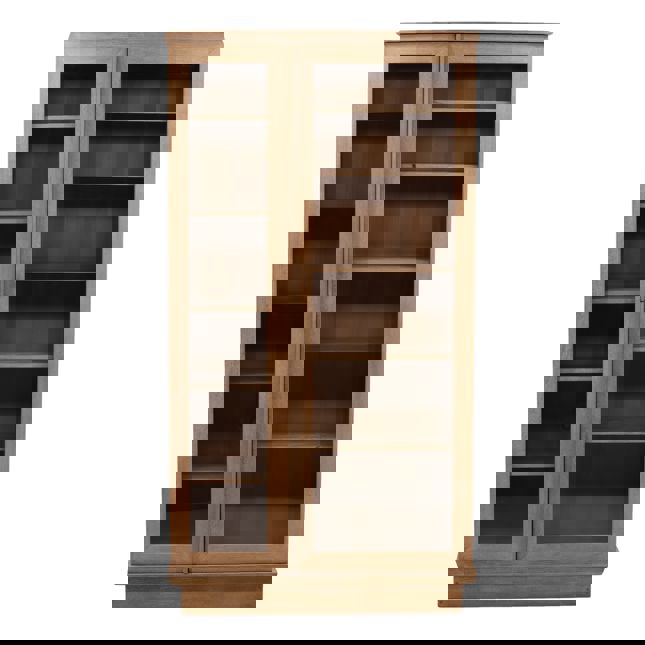 Wooden bookshelf with glass doors on a white background